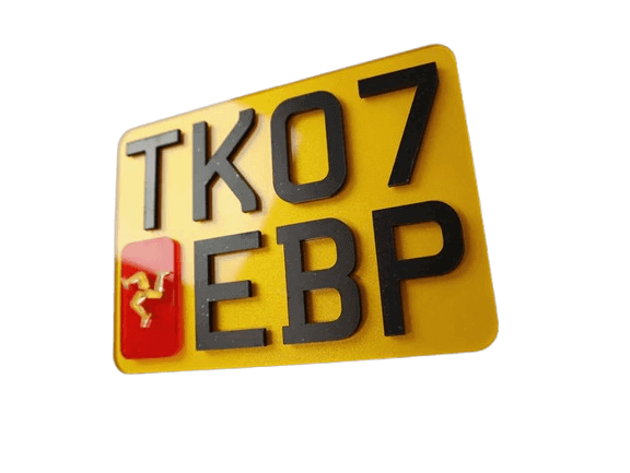 Square number plate with raised 4D characters and a flag badge