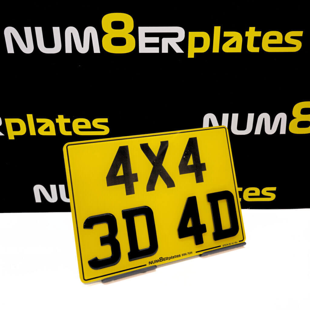 Yellow 4x4 square number plate with 3D gel and 4D characters
